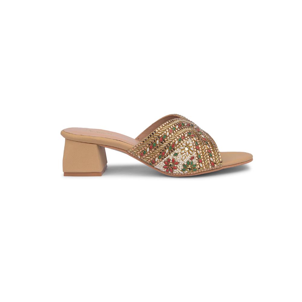 Senorita Casual Golden Ethnic Block Heel Sandal For Women STY-75 By Liberty