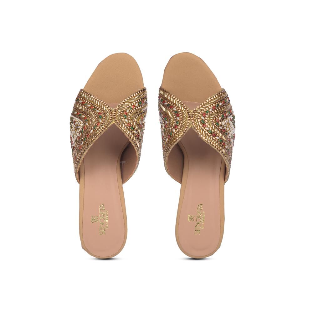 Senorita Casual Golden Ethnic Block Heel Sandal For Women STY-75 By Liberty
