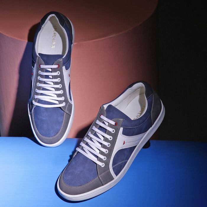 Blue Leather Sneakers With Contrasting White Sole
